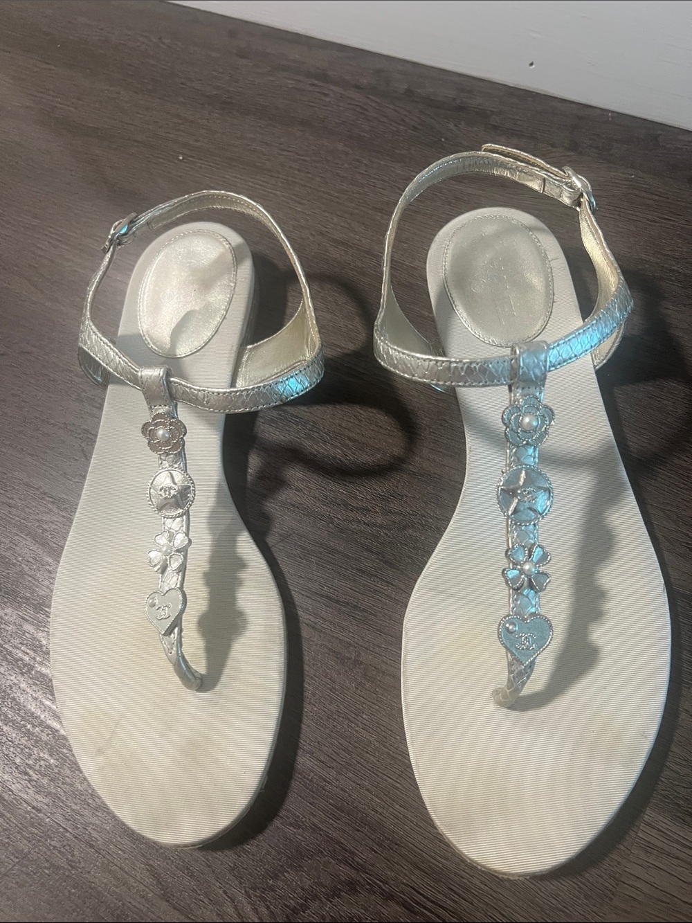 CHANEL Silver T-Strap Embellished Sandals